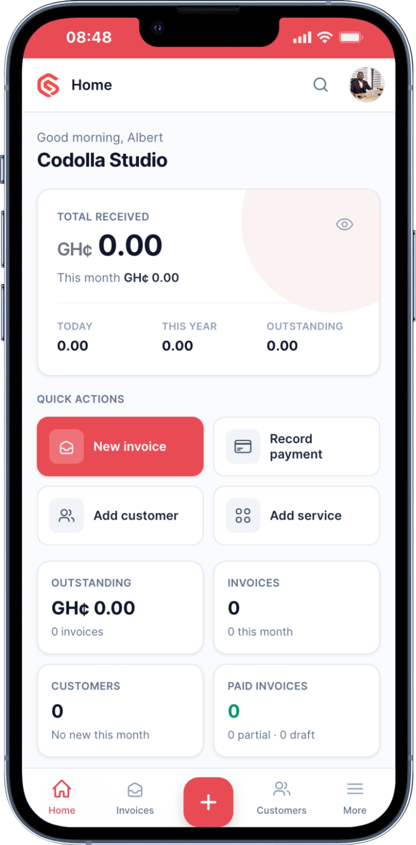 Invoxit open on a phone, showing the day's takings and quick actions for a new invoice or payment